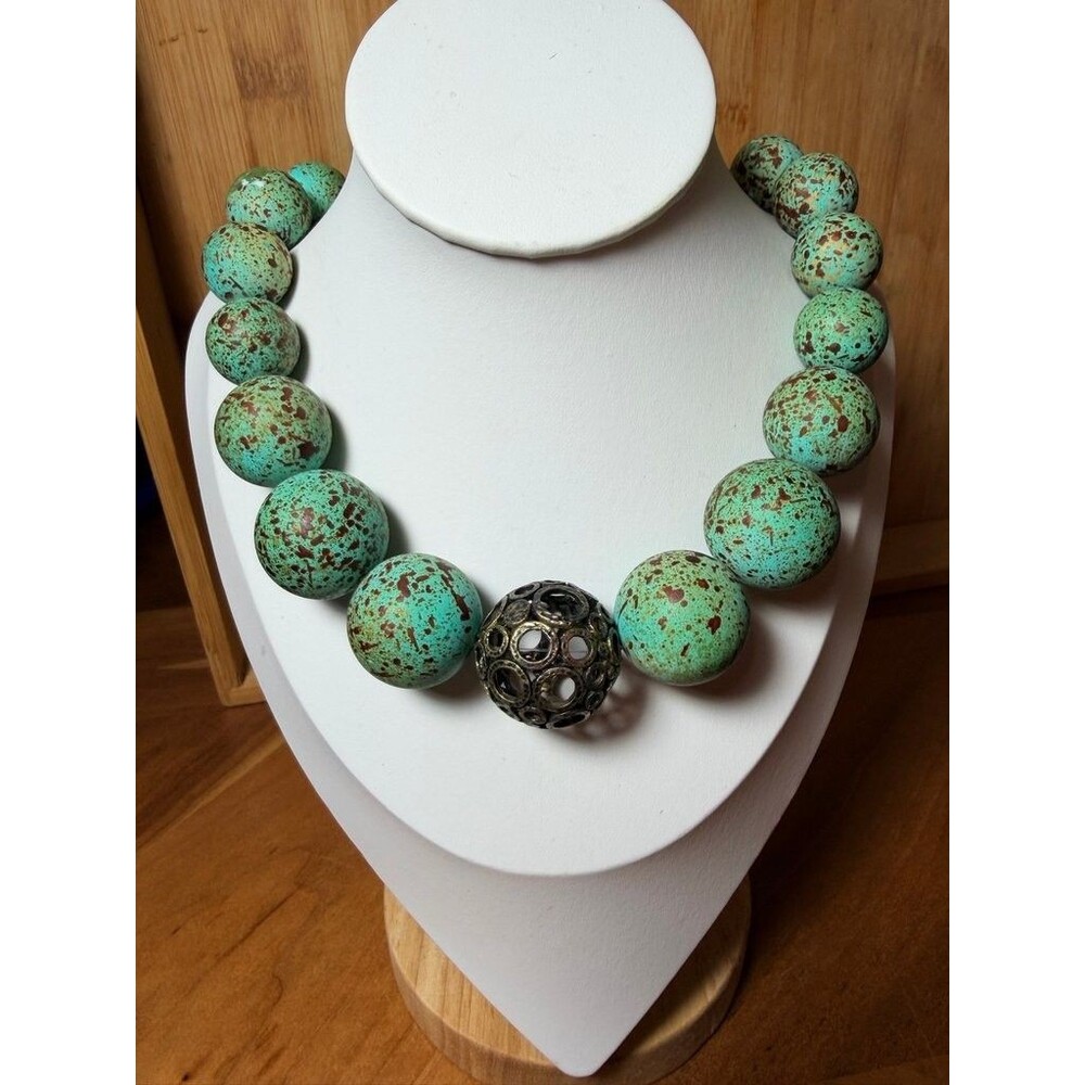 Turquoise Speckled Bead Necklace with Filigree Metal Accent